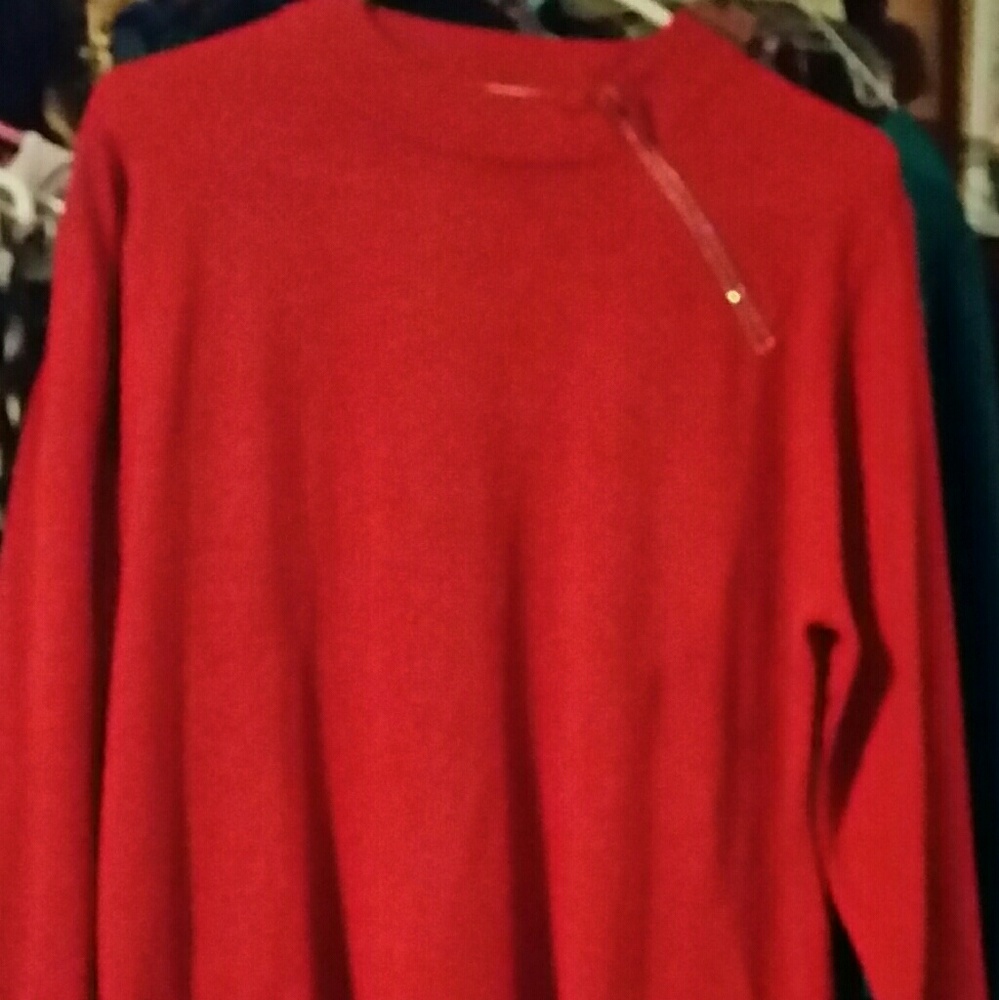 Red sweater with studded zipper at neckline